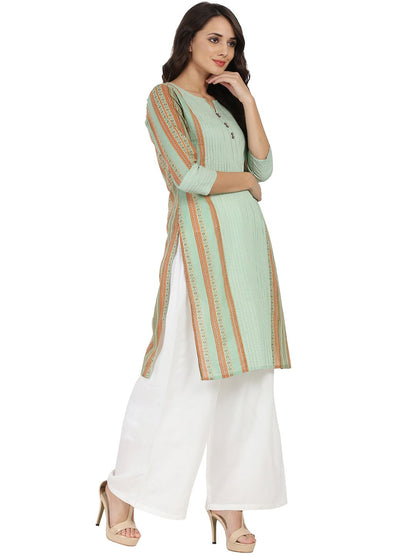 Green Printed 3/4Th Sleeve Cotton Kurta | LASVINI - Redefining Indian Fashion with Elegance