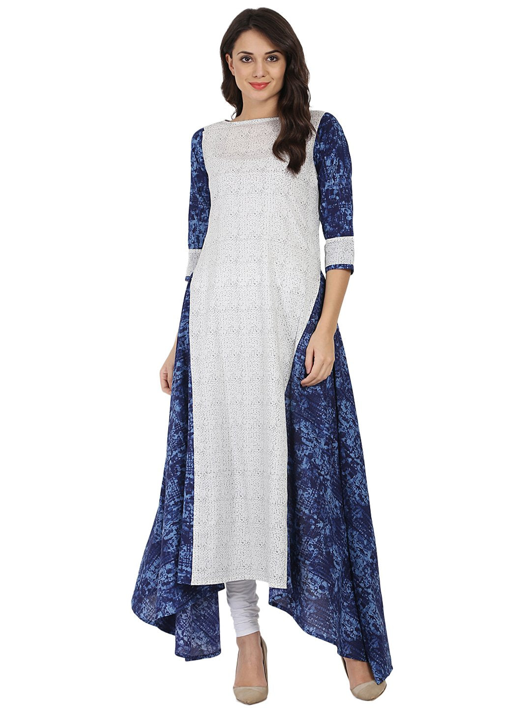 White & Blue Printed 3/4Th Sleeve Cotton A-Line Kurta | LASVINI - Redefining Indian Fashion with Elegance