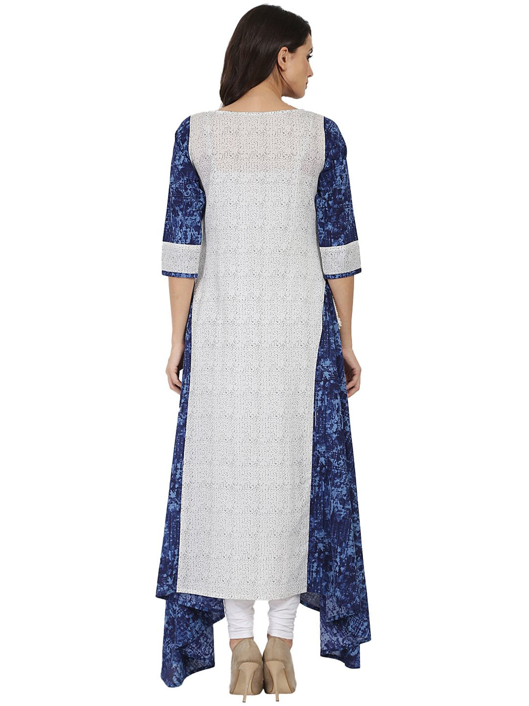 White & Blue Printed 3/4Th Sleeve Cotton A-Line Kurta | LASVINI - Redefining Indian Fashion with Elegance