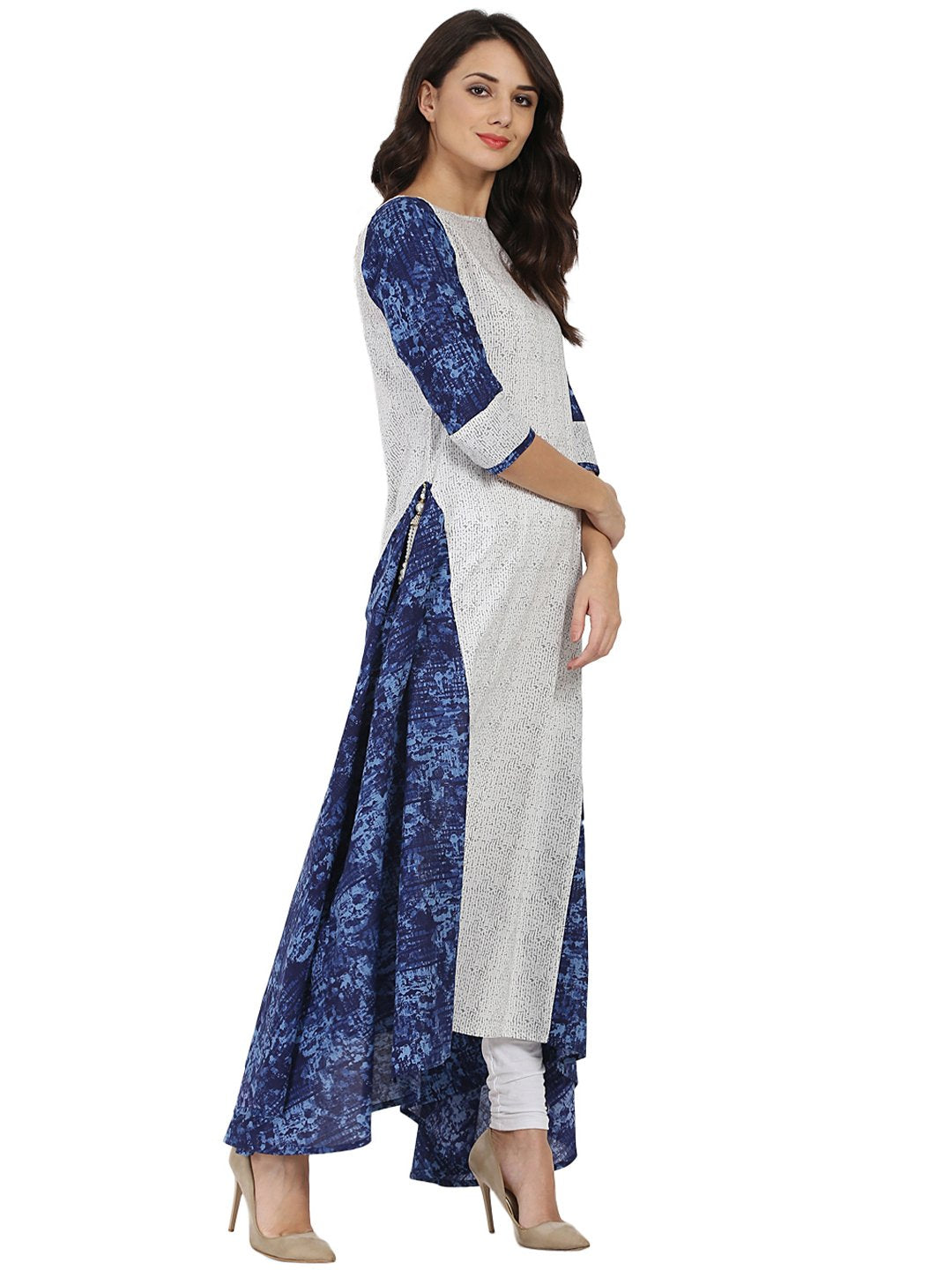 White & Blue Printed 3/4Th Sleeve Cotton A-Line Kurta | LASVINI - Redefining Indian Fashion with Elegance