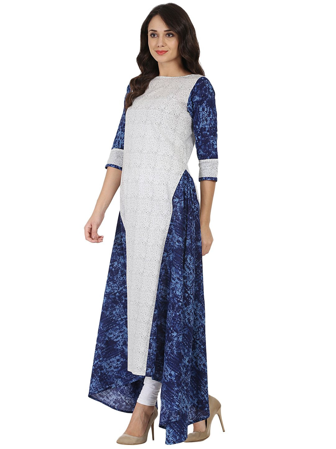 White & Blue Printed 3/4Th Sleeve Cotton A-Line Kurta | LASVINI - Redefining Indian Fashion with Elegance