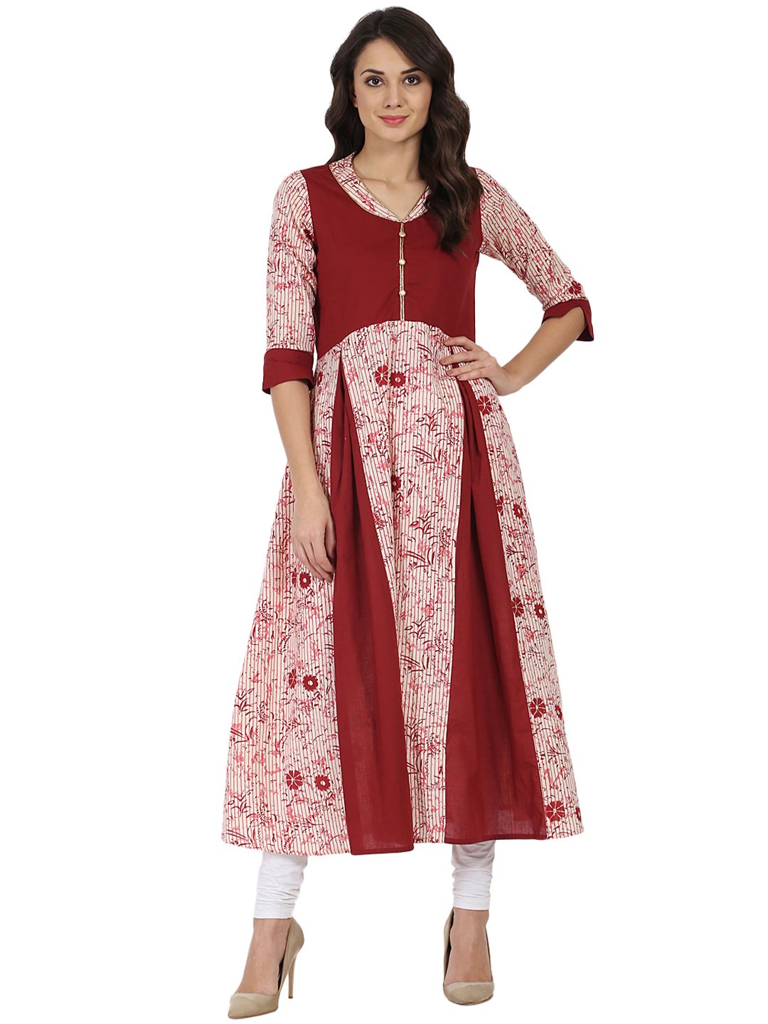 Pink & Maroon Printed 3/4Th Sleeve Cotton Anarkali Kurta | LASVINI - Redefining Indian Fashion with Elegance