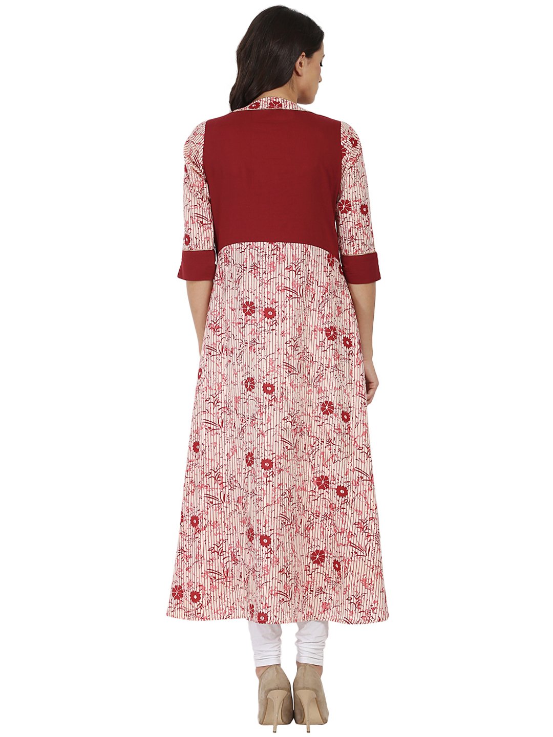 Pink & Maroon Printed 3/4Th Sleeve Cotton Anarkali Kurta | LASVINI - Redefining Indian Fashion with Elegance