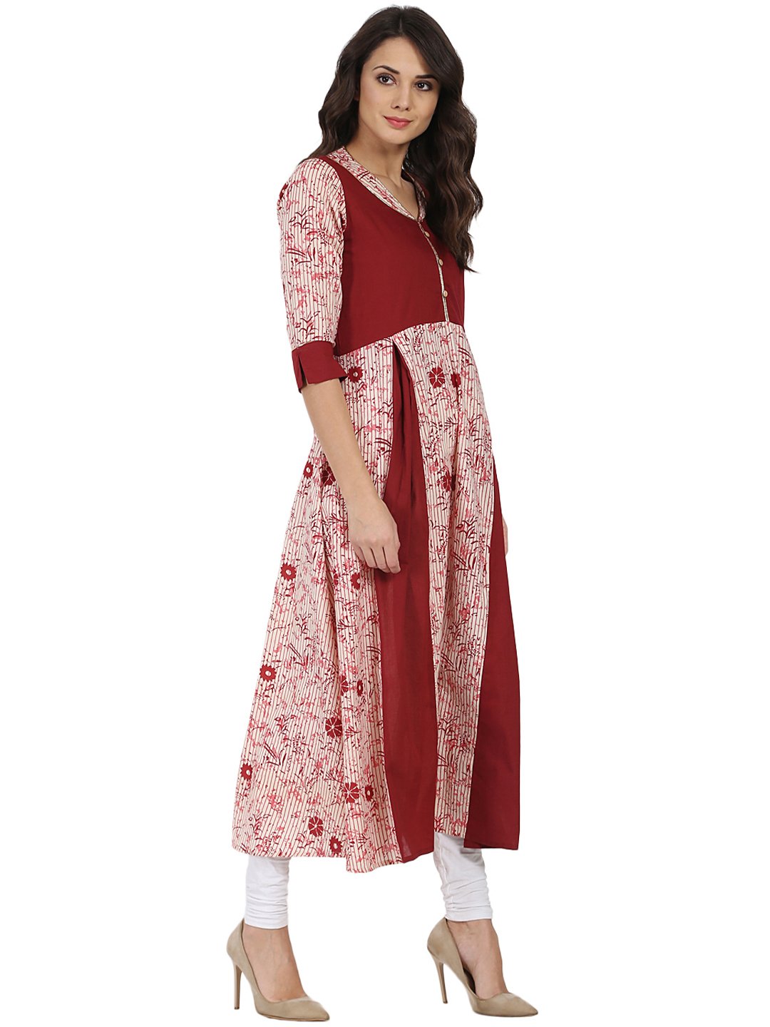 Pink & Maroon Printed 3/4Th Sleeve Cotton Anarkali Kurta | LASVINI - Redefining Indian Fashion with Elegance
