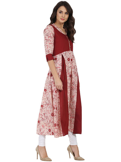 Pink & Maroon Printed 3/4Th Sleeve Cotton Anarkali Kurta | LASVINI - Redefining Indian Fashion with Elegance