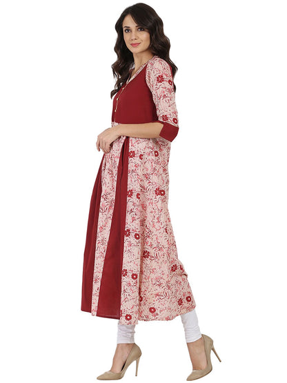 Pink & Maroon Printed 3/4Th Sleeve Cotton Anarkali Kurta | LASVINI - Redefining Indian Fashion with Elegance