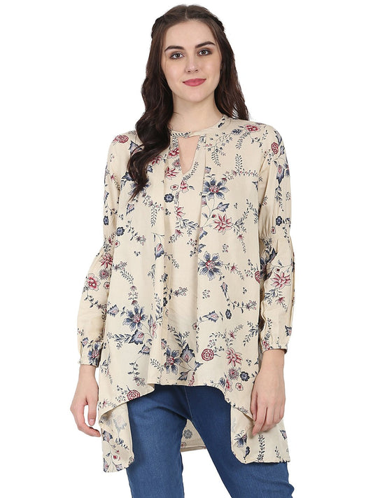 Beige Printed Full Sleeve Rayon Low High Tunic | LASVINI - Redefining Indian Fashion with Elegance