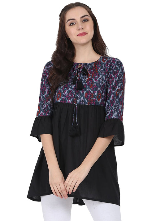 Black Printed 3/4Th Sleeve Cotton Tunic | LASVINI - Redefining Indian Fashion with Elegance