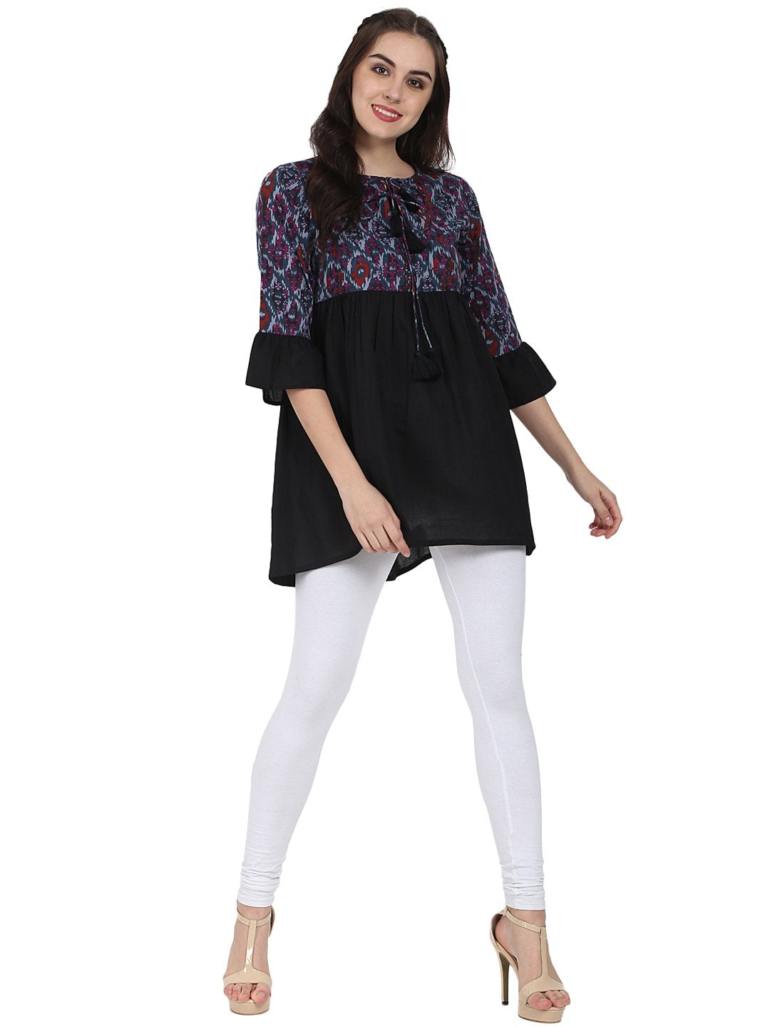 Black Printed 3/4Th Sleeve Cotton Tunic | LASVINI - Redefining Indian Fashion with Elegance