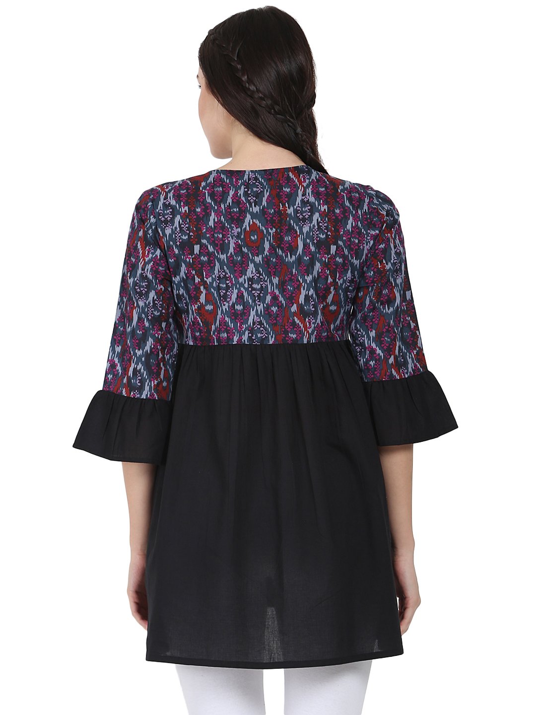 Black Printed 3/4Th Sleeve Cotton Tunic | LASVINI - Redefining Indian Fashion with Elegance