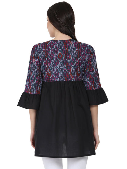 Black Printed 3/4Th Sleeve Cotton Tunic | LASVINI - Redefining Indian Fashion with Elegance