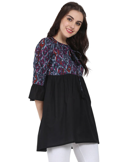 Black Printed 3/4Th Sleeve Cotton Tunic | LASVINI - Redefining Indian Fashion with Elegance