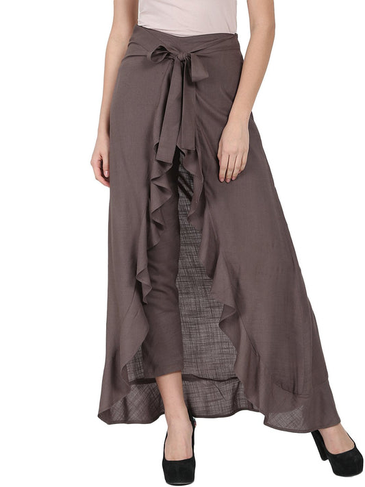 Taupe Ankle Length Rayon Slub Flared Skirt | LASVINI - Redefining Indian Fashion with Elegance