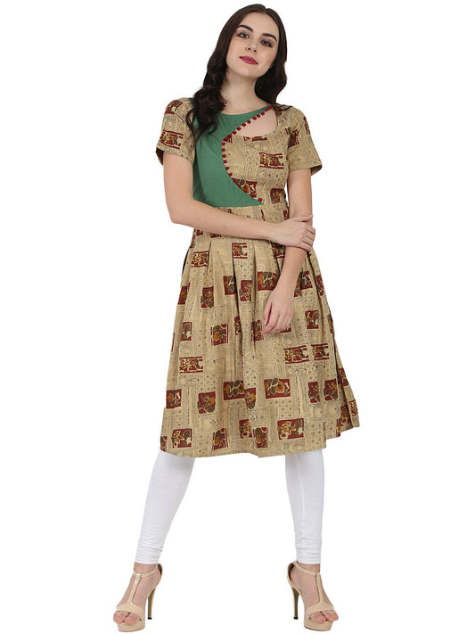 Beige Printed Half Sleeve Rayon Anarkali Kurta | LASVINI - Redefining Indian Fashion with Elegance