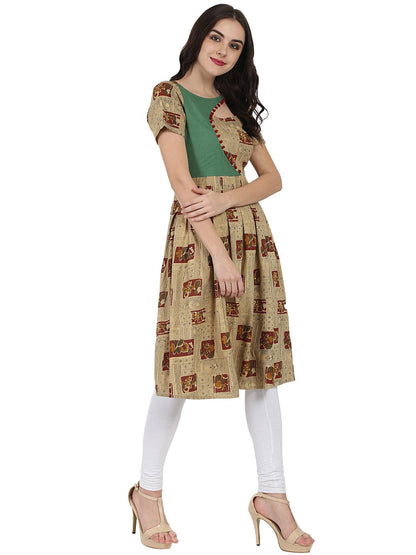 Beige Printed Half Sleeve Rayon Anarkali Kurta | LASVINI - Redefining Indian Fashion with Elegance