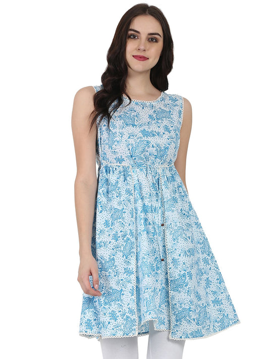 Blue Printed Sleeveless Cotton Tunic | LASVINI - Redefining Indian Fashion with Elegance