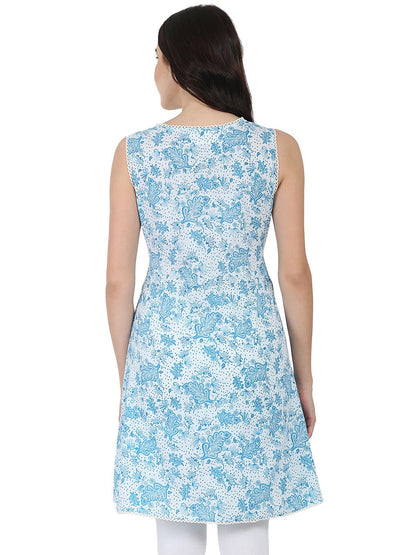 Blue Printed Sleeveless Cotton Tunic | LASVINI - Redefining Indian Fashion with Elegance