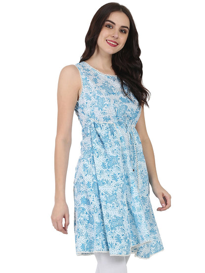 Blue Printed Sleeveless Cotton Tunic | LASVINI - Redefining Indian Fashion with Elegance