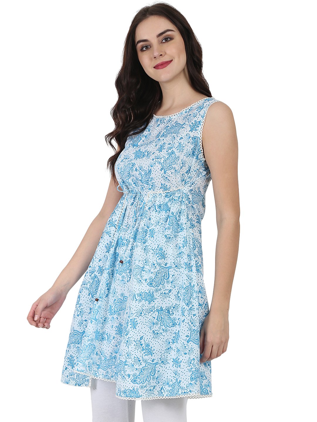 Blue Printed Sleeveless Cotton Tunic | LASVINI - Redefining Indian Fashion with Elegance