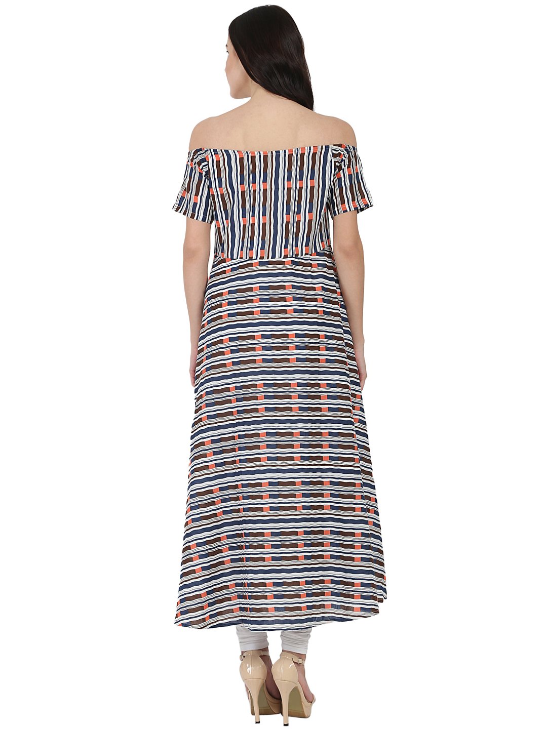 Multi Printed Off Shoulder Half Sleeve Cotton A-Line Kurta | LASVINI - Redefining Indian Fashion with Elegance