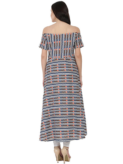 Multi Printed Off Shoulder Half Sleeve Cotton A-Line Kurta | LASVINI - Redefining Indian Fashion with Elegance