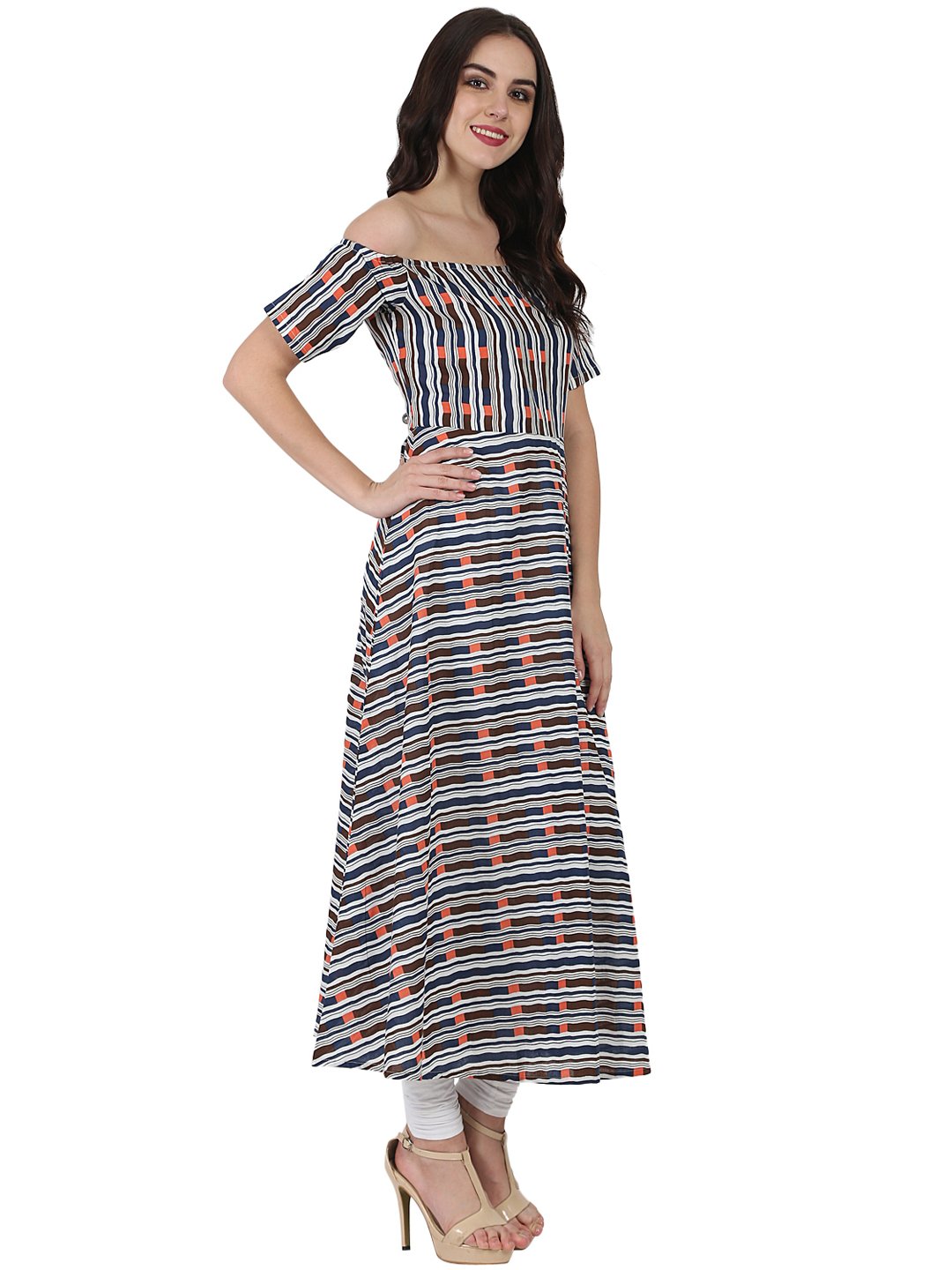 Multi Printed Off Shoulder Half Sleeve Cotton A-Line Kurta | LASVINI - Redefining Indian Fashion with Elegance