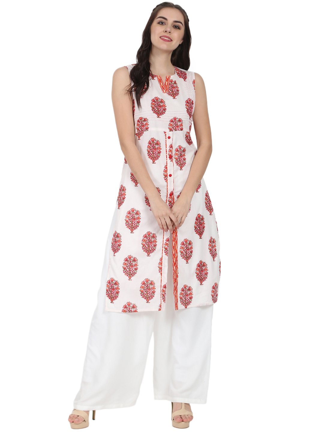 Off White Printed Sleeveless Cotton Kurta | LASVINI - Redefining Indian Fashion with Elegance