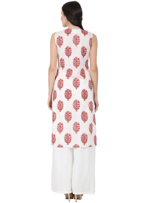Off White Printed Sleeveless Cotton Kurta | LASVINI - Redefining Indian Fashion with Elegance