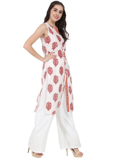 Off White Printed Sleeveless Cotton Kurta | LASVINI - Redefining Indian Fashion with Elegance