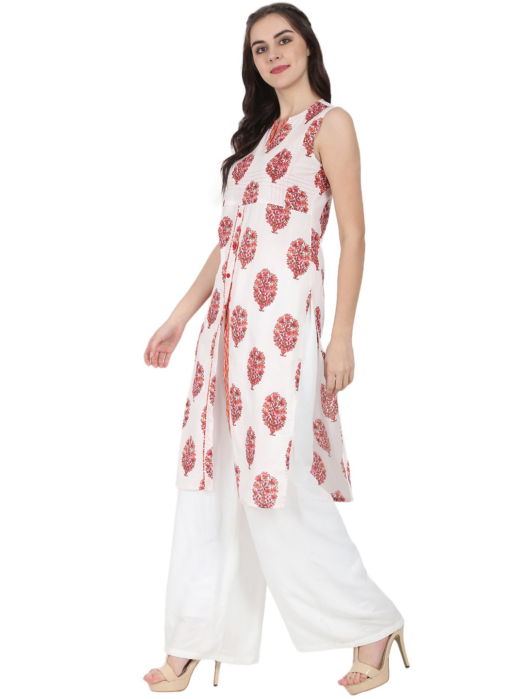 Off White Printed Sleeveless Cotton Kurta | LASVINI - Redefining Indian Fashion with Elegance