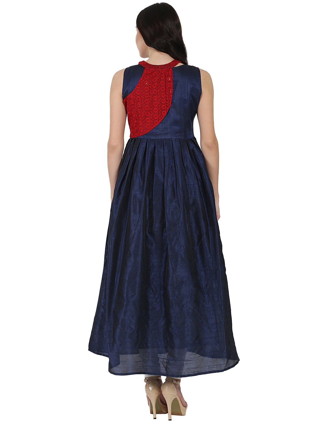 Blue Sleeveless Poly Dupion Long Anarkali Kurta With Yoke Design | LASVINI - Redefining Indian Fashion with Elegance