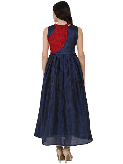 Blue Sleeveless Poly Dupion Long Anarkali Kurta With Yoke Design | LASVINI - Redefining Indian Fashion with Elegance