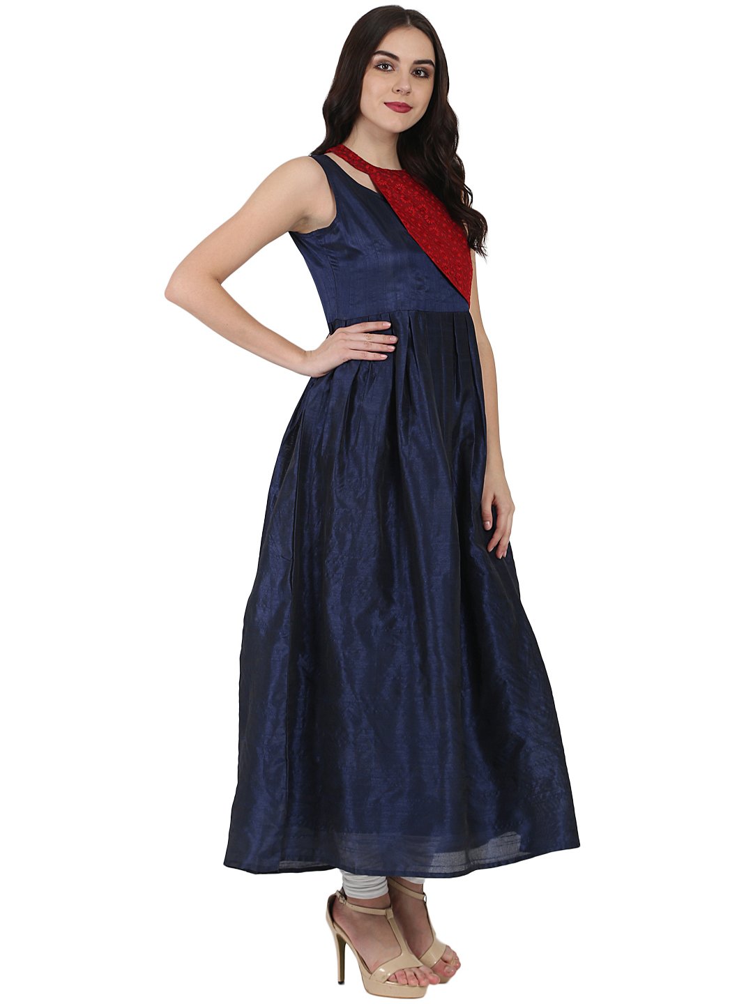 Blue Sleeveless Poly Dupion Long Anarkali Kurta With Yoke Design | LASVINI - Redefining Indian Fashion with Elegance