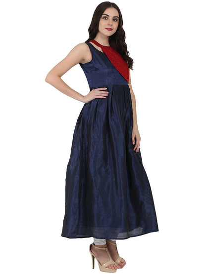 Blue Sleeveless Poly Dupion Long Anarkali Kurta With Yoke Design | LASVINI - Redefining Indian Fashion with Elegance