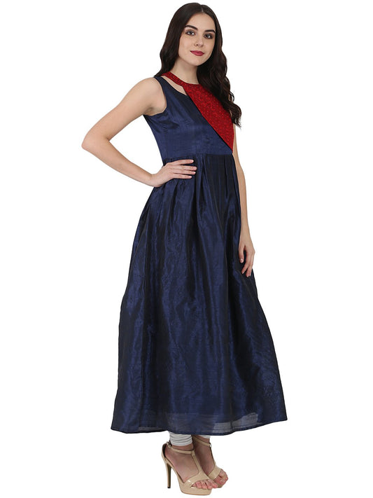 Blue Sleeveless Poly Dupion Long Anarkali Kurta With Yoke Design | LASVINI - Redefining Indian Fashion with Elegance