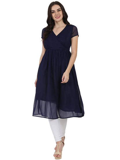 Navy Blue Half Sleeve Georgette Anarkali Kurta | LASVINI - Redefining Indian Fashion with Elegance
