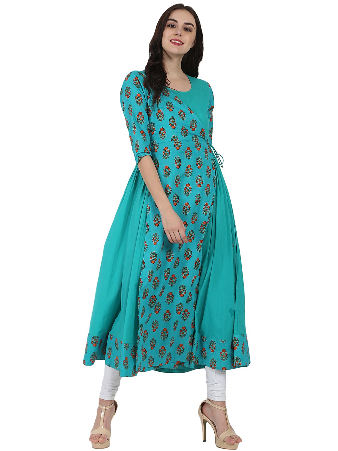 Blue Printed 3/4Th Sleeve Cotton Angrakha Style Kurta | LASVINI - Redefining Indian Fashion with Elegance