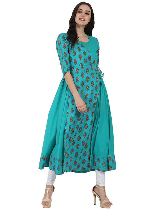 Blue Printed 3/4Th Sleeve Cotton Angrakha Style Kurta | LASVINI - Redefining Indian Fashion with Elegance