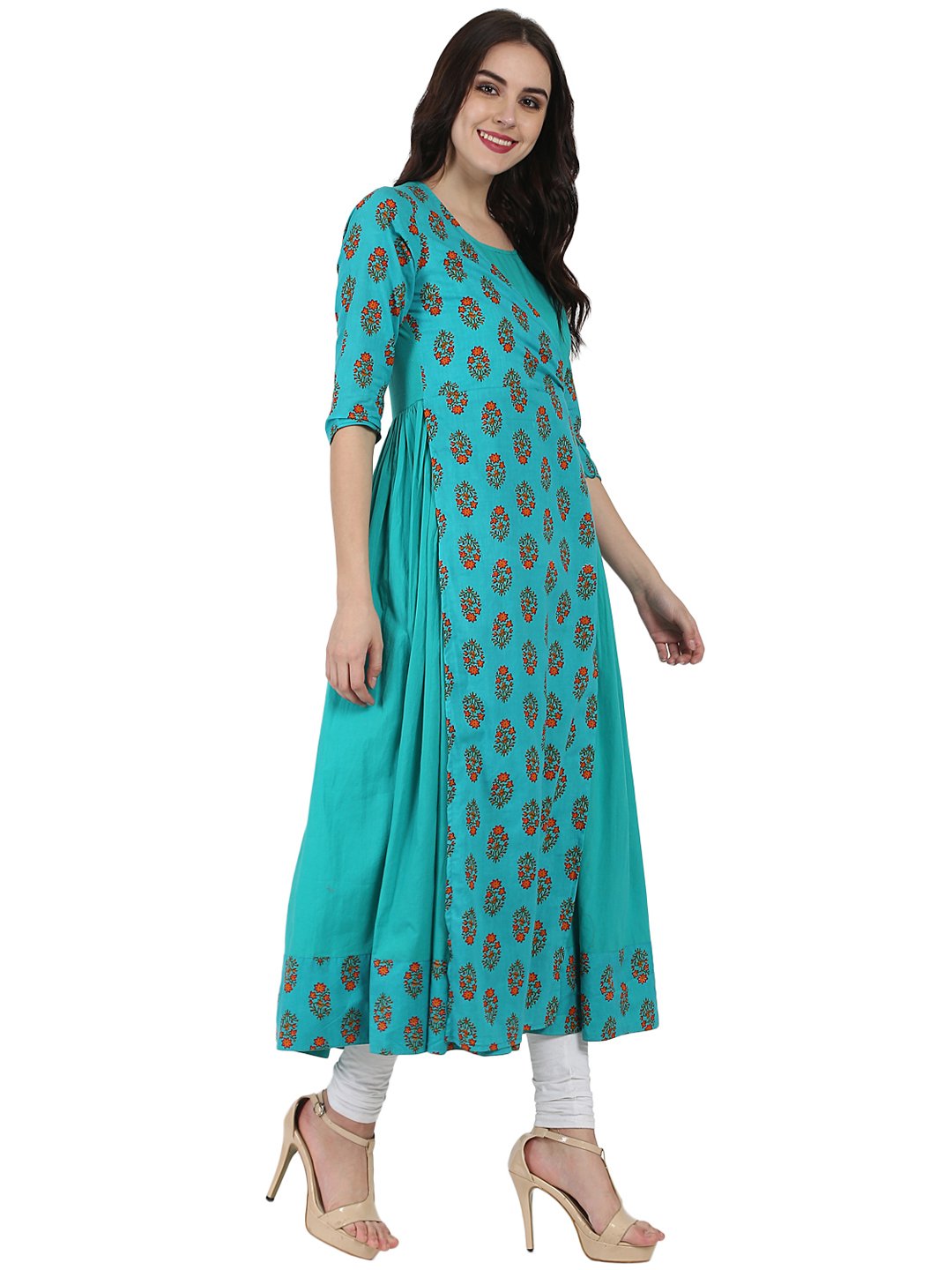 Blue Printed 3/4Th Sleeve Cotton Angrakha Style Kurta | LASVINI - Redefining Indian Fashion with Elegance