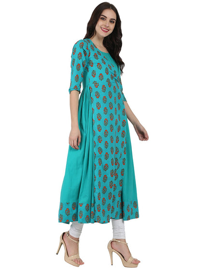 Blue Printed 3/4Th Sleeve Cotton Angrakha Style Kurta | LASVINI - Redefining Indian Fashion with Elegance