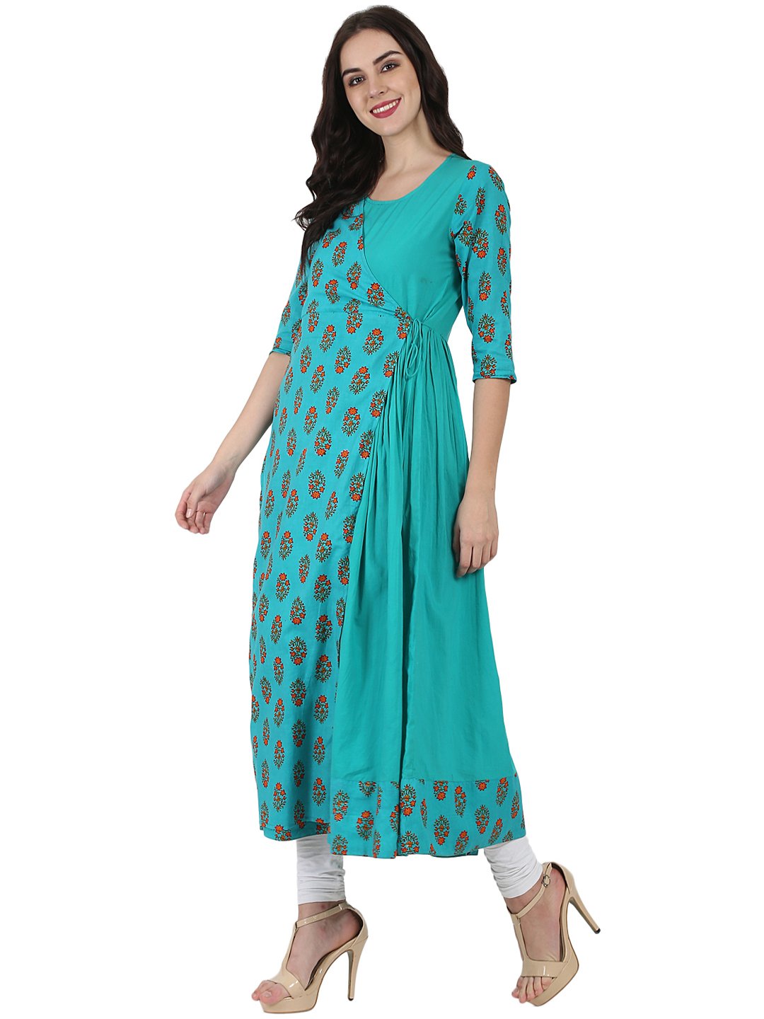 Blue Printed 3/4Th Sleeve Cotton Angrakha Style Kurta | LASVINI - Redefining Indian Fashion with Elegance