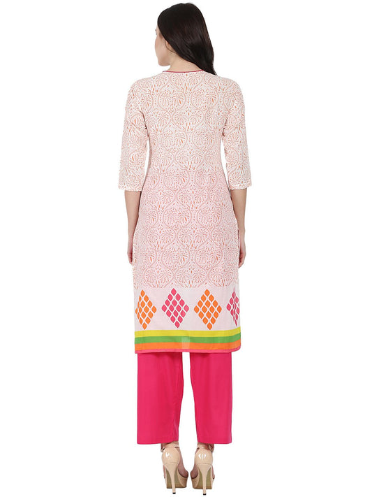 Off White Printed 3/4Th Sleeve Cotton Kurta With Pink Palazzo | LASVINI - Redefining Indian Fashion with Elegance