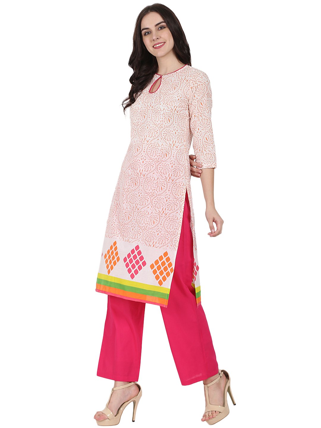 Off White Printed 3/4Th Sleeve Cotton Kurta With Pink Palazzo | LASVINI - Redefining Indian Fashion with Elegance