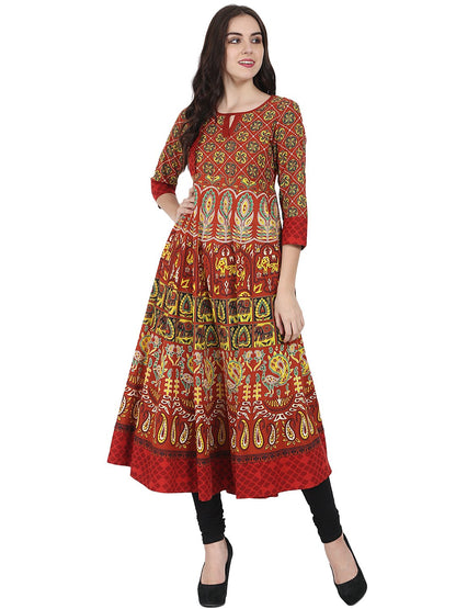 Rust Brown Printed 3/4Th Sleeve Cotton Anarkali Kurta | LASVINI - Redefining Indian Fashion with Elegance