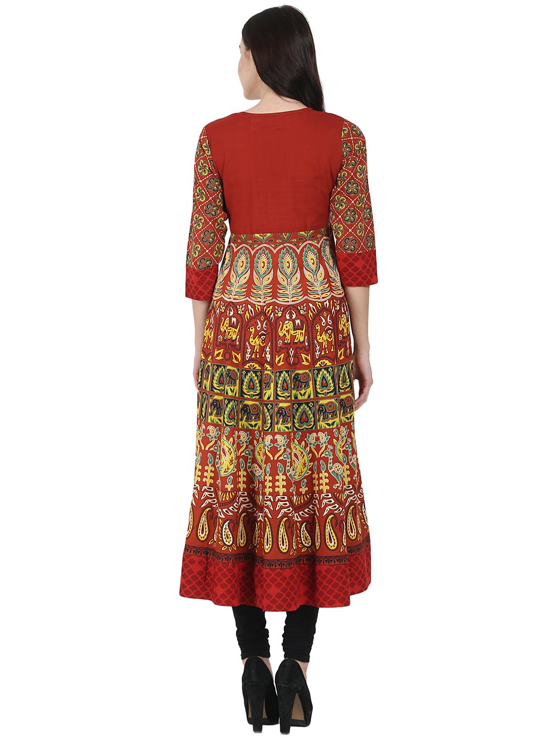 Rust Brown Printed 3/4Th Sleeve Cotton Anarkali Kurta | LASVINI - Redefining Indian Fashion with Elegance