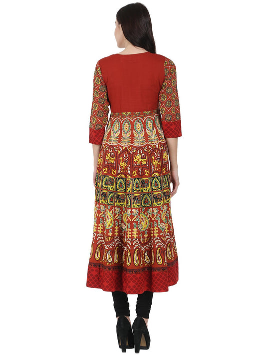 Rust Brown Printed 3/4Th Sleeve Cotton Anarkali Kurta | LASVINI - Redefining Indian Fashion with Elegance