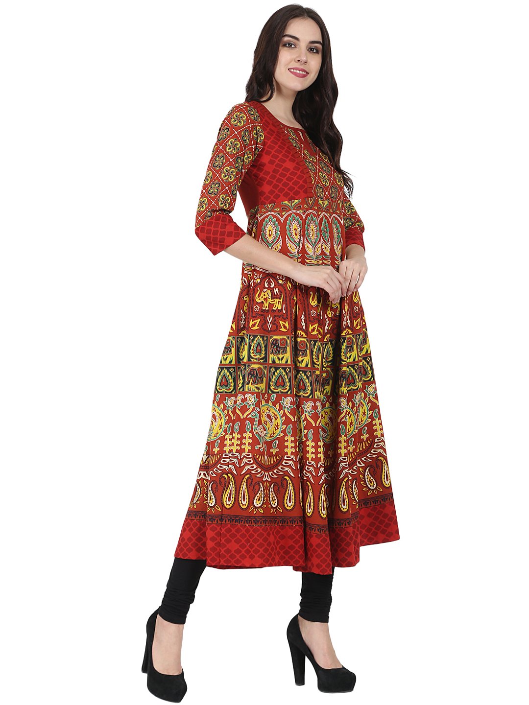 Rust Brown Printed 3/4Th Sleeve Cotton Anarkali Kurta | LASVINI - Redefining Indian Fashion with Elegance
