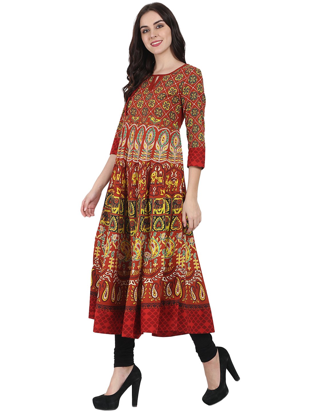 Rust Brown Printed 3/4Th Sleeve Cotton Anarkali Kurta | LASVINI - Redefining Indian Fashion with Elegance
