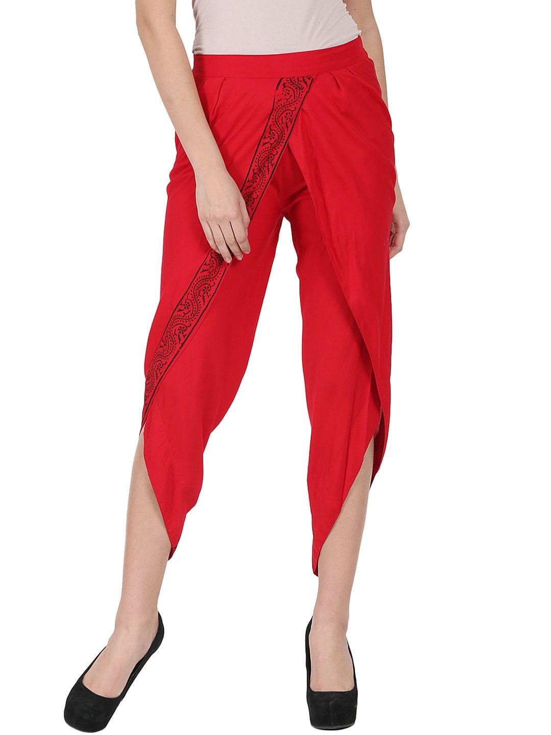 Red Ankle Length Rayon Block Printed Dhoti | LASVINI - Redefining Indian Fashion with Elegance