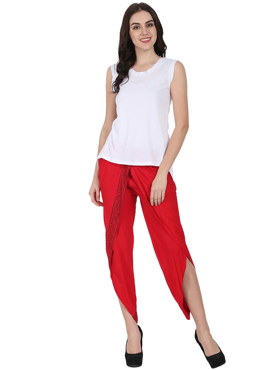 Red Ankle Length Rayon Block Printed Dhoti | LASVINI - Redefining Indian Fashion with Elegance